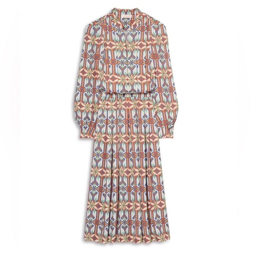 Tory Burch Garden Maze Printed Pleated Midi Dress Size 2 - Picture 2 of 8
